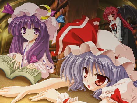 Patchouli and Remilia - girls, remilia scarlet, hat, patchouli knowledge, koakuma, book, cute