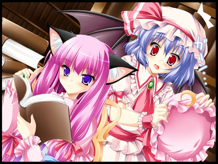 Remilia and Patchouli - hat, anime, dress, red eyes, patchouli knowledge, girls, touhou, cute, remilia scarlet, purple hair