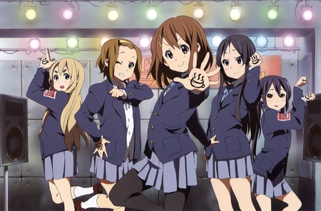 K-on - nakano azusa, long hair, uniform, studio, tainaka ritsu, akiyama mio, hirasawa yui, kotobuki tsumugi