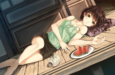 Anime - bed, food, block eyes, short hair, dress, brown hair