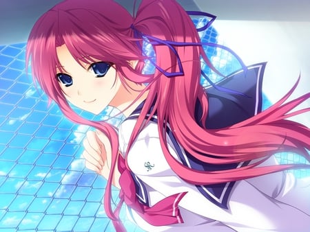 Amagase Yuuki - sky, fence, girl, ponytail, bow, red, clouds, pink, anime, uniform, amagase yuuki, ribbon