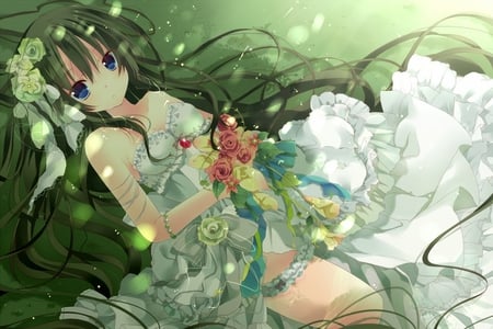 Kisaragi Kiriha - kisaragi kiriha, bride, anime, kawaii, girl, beauty, long hair, wedding dress, bouquet, flowers, frills, green, cute