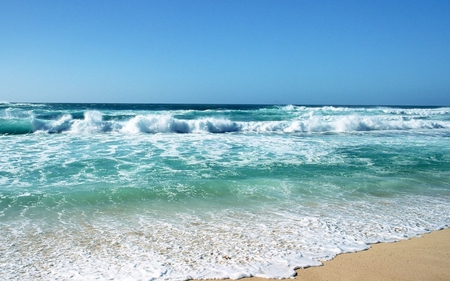 Shoreline - blue water, shoreline, sand, sea, foam