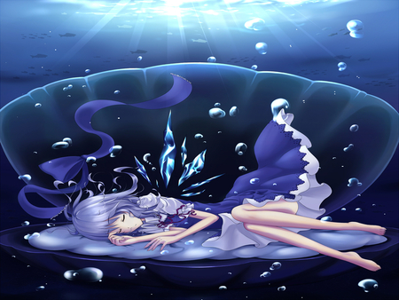 Sleeping Underwater - sleeping, sleeping underwater, underwater, bubble, touhou, blue dress, ice wings, fish, close eyes, ribbon, cirno