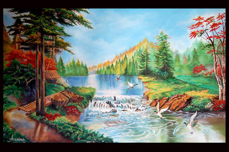 nature art work - flowers, trees, oilpainting, water, grass, mountains, ducks, sky