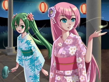 Cultural Festival - aqua, music, anime girl, meadow, white, art, lanterns, cool, aqua eyes, kimono, grass, artistic, hatsune miku, hills, song, teal, vocaloids, program, cultural festival, vocaloid, pink, beautiful, diva, festival, beauty, nice, sky, fan, twintail, singer, aqua hair, black, virtual, pretty, megurine luka, cultural, clouds, idol, anime, green, miku, cute, megurine, luka, girl, pink hair, cg, hatsune, green eyes, awesome, flowers, digital, green hair