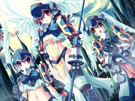 Fighters - skyfish, angel, green hair, armor, blue hair, weapon, staff, brown hair, cool, kawai, red eyes, girls, wings, gouen no soleil, cute, chaos region, sexy