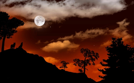 THE HOWLING NIGHT - pair, wolves, sky, trees, mountain, full moon, howling