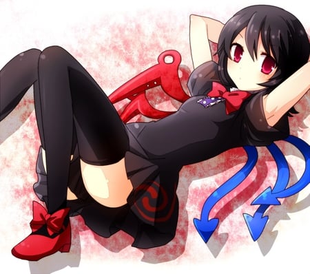 Houjuu Nue - anime, kawaii, skirt, dress, houjuu nue, red eyes, touhou, wings, moe, black hair, cute, thigh highs, bow, video game