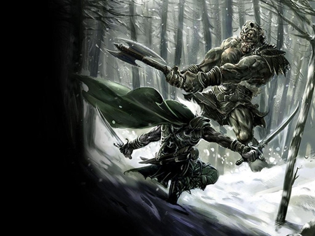 the battle - monster, warrior, forest, snowy