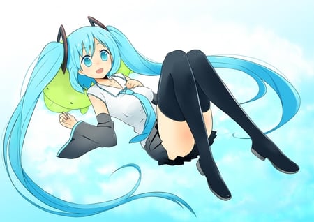 Hatsune Miku - aqua, hot, thighhighs, music, anime girl, stockings, white, art, cool, aqua eyes, artistic, hatsune miku, skirt, sexy, song, vocaloids, program, vocaloid, uniform, diva, beauty, nice, twintail, aqua hair, singer, black, virtual, stuffed toy, pretty, idol, green, anime, miku, cute, girl, cg, hatsune, blue, tie, awesome, digital, beauitful, outfit