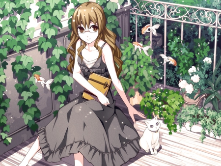 Out to Read a Good Book - wavy, cat, girl, female, kitty, long hair, pet, book, black, read, bushes, white, leaves, brunette, flowers, dress