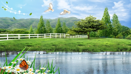 Country Perfect - clouds, trees, hills, fence, firefox persona, doves, butterfly, field, lake, sky, wild flowers