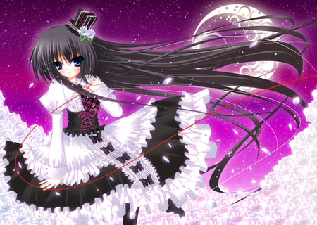 Lolita - hat, moon, kawaii, dress, night, long hair, lolita, crescent, frills, black, purple, cute, ribbon, bow