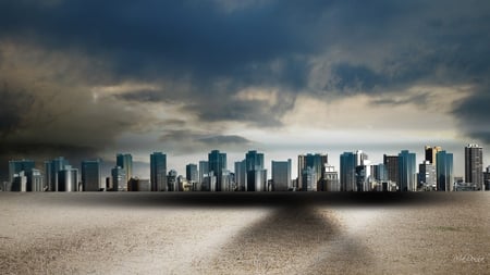 Darkening City - storm, clouds, high rise, city, shadow, sky