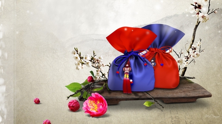 Gift Bags - flowers, oriental, blossoms, wood, tray, orient, gift, bags