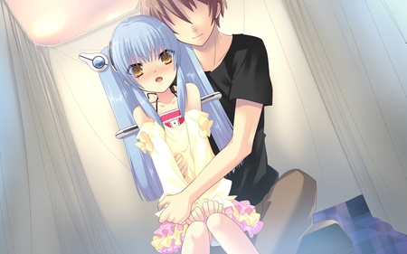 Anime Couple - blue hair, love, couple, flyable heart, anime, cg