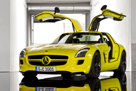 Mercedes Benz SLS AMG E-Cell - e-cell, amg, gullwing, sls, yellow, benz, ecell, mercedes