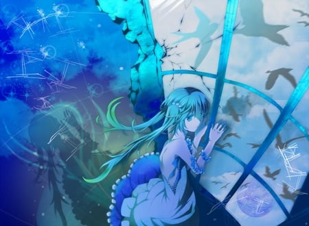 Hatsune Miku - pretty, artistic, birds, window, outside, nice, program, hot, beauty, cg, white, cute, aqua eyes, song, sexy, vocaloid, anime, blue, museum, twintail, room, dress, hatsune miku, music, aqua, art, sky, idol, clouds, anime girl, beautiful, singer, girl, cool, black, miku, awesome, diva, digital, aqua hair, hatsune, virtaul, vocaloids