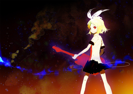 Red Guitar - guitar, flow, black, rin, kagamine, vocaloid, red, ribbon, map