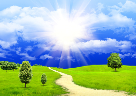 Beautiful - beauty, sky, trees, sun, peaceful, field, path, road, fantasy, fantasy world, amazing, view, pretty, clouds, green, tree, grass, rays, landscape, sunlight, lovely, nature, blue, beautiful, splendor, colors