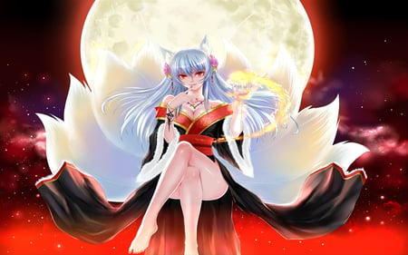 Foxgirl Moon - female, hot, heart, rose head, anime girl, cool, dark, underboob, cute, tail, moon, red grow, sexy, big breasts, foxgirl moon, night, leg sexy, alone, red, foxgirl, sweet, white hair