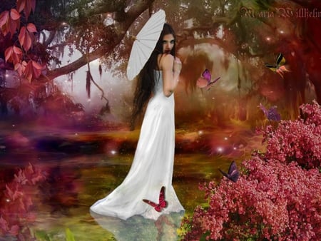 garden walk - butterfly, abstract, fantasy, woman