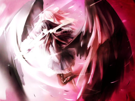 Akemi Homura - anime, akemi homura, cool, girls, mahou shoujo madoka magica, kaname madoka, wings, weapon, bow