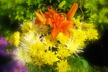 Mums the word - mums, lily, flowers, orange, yellow, green