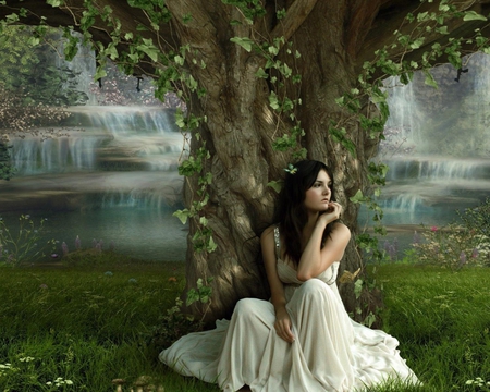 Languorous woman - white, woman, green, tree, grass, dress, languorous