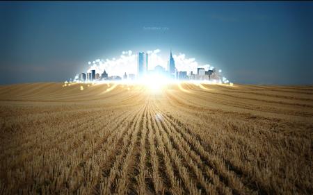 Lighting City !!! - abstract, blue, wds, city, light, plant, widescreen, field, sky