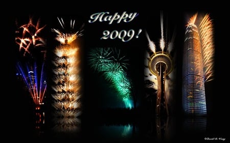 Happy 2009! - new year, celebration, dark, city, fireworks, 2009, widescreen