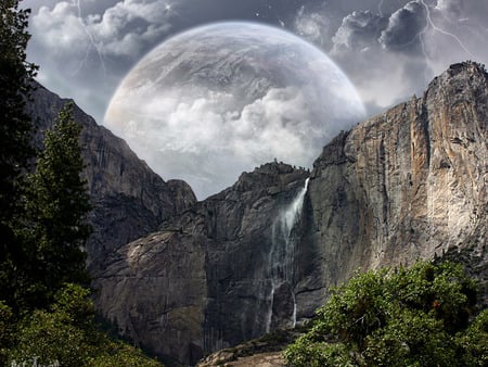 mountains - moon, sky, trees, clouds, mountains