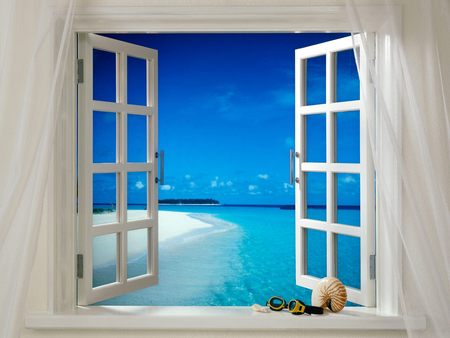 Tropical Breeze - breeze, seashell, beach, window, curtains, island, ocean, tropical, view, sky