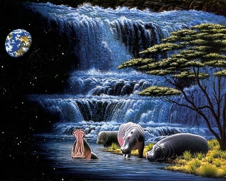 Rhino - rhinoceros, william schimel, animal art, rhino, waterfall