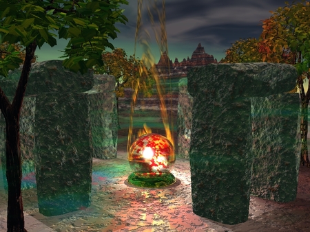 Pinnacle - orb, fire, mystical, mist, stonehenge, glass