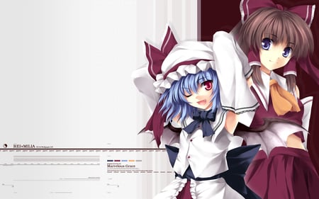 Reimu and Remilia - hat, dress, red eyes, girls, touhou, cute, remilia scarlet, hakurei reimu, ribbons