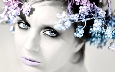 light blue eyes - female, sad, photography, model, face, interesting, closeup, pretty, blue, flowers