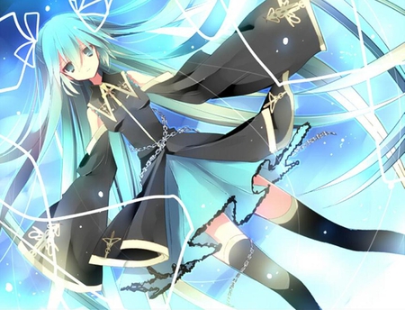 Hatsune Miku - aqua, hot, thighhighs, music, anime girl, stockings, white, art, yellow, sparks, cool, aqua eyes, artistic, hatsune miku, sexy, song, vocaloids, program, vocaloid, beautiful, uniform, diva, dress, nice, beauty, twintail, singer, aqua hair, black, virtual, electrifying, pretty, idol, anime, miku, cute, girl, gold, cg, hatsune, digital, awesome, outfit