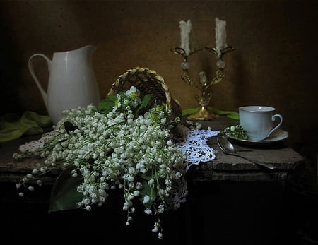 still life - pretty, elegantly, porcelain, photo, candlestick, flowers, old, candles, nice, beautiful, photography, candle, beauty, lace, kettle, lovely, cool, still life, flower, bouquet, harmony, basket, scarf, lily of the valley, glass