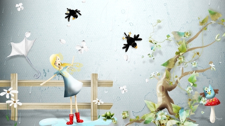 Rain and Wind - mushroom, fence, girl, rain, weather, umbrella, tree, firefox persona, birds