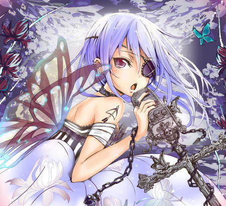 Sing - girl, eye patch, long hair, chains, butterfly, anime, skulls, sing, fly