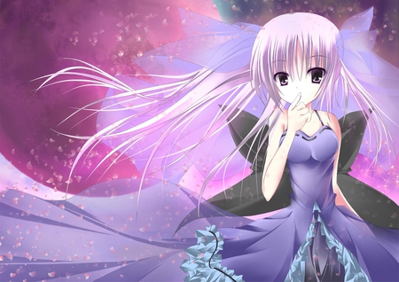 Anime Girl - purple, pink, black, blonde, anime, girl, ribbon, long hair, petals, frills