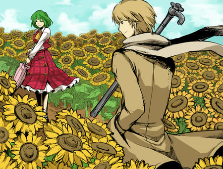 A Match Made in Hell - kazami yuuka, russia, sunflowers, high res, lead pipe, axis powers hetalia, green hair, flower, purple eyes, scarf, touhou, grey hair, crossover