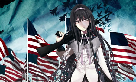 mahou shoujo madoka magica - head band, akemi homura, gun, dress, black hair, weapon, long hair, sky