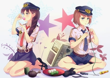 Original - hat, food, brown hair, long hair, uniform, short hair, black eyes, black hair, blue eyes