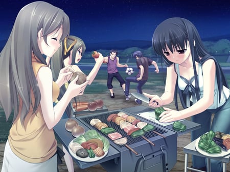 midnight snack - beauty, guys, hot, miyazawa midori, beauties, black hair, brown hair, natsu no ame, game, kanekiyo miwa, food, cute, sexy, anime girls, night, long hair, kantoku, beautiful