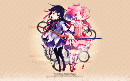 Akemi Homura and Kaname Madoka - beauty, mahou shoujo madoka magica, sexy, anime girls, thigh highs, hot, pink hair, purple hair, beautiful, cute