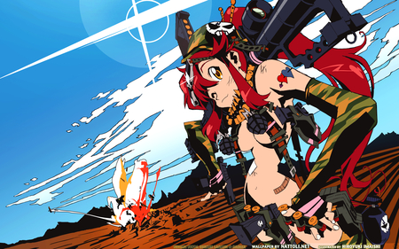 Ready for war - gun, tengen toppa gurren lagann, beauty, sky, badass, hot, yoko ritona, anime girl, yoko, cool, clouds, wink, cute, sexy, yoko littner, long hair, red hair, winking, beautiful, weapon, awesome, gurren lagann