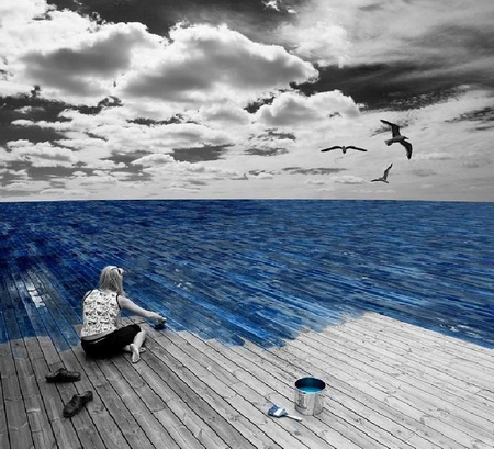 Now That's How You Paint Yourself In A Corner - blacknwhite, blue, water, floor, birds